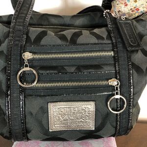 Coach Womens Poppy Op Art Glam Jacquard Tote Purse Shoulder Bag Black Medium